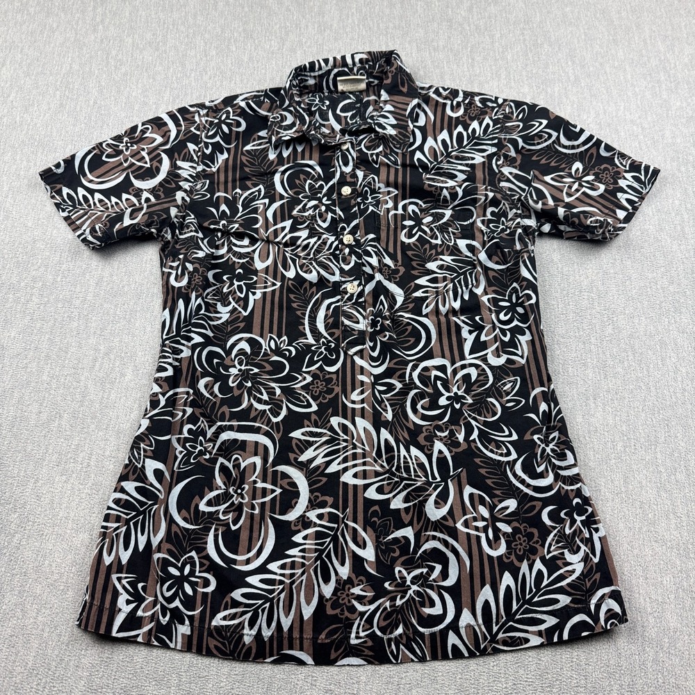 Vintage Go Barefoot Shirt Womens Small Brown Black Floral Hawaiian Made In USA